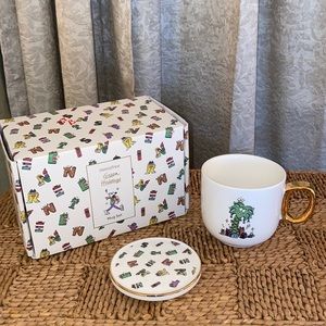 Rare Innisfree STEVE HARRINGTON Green Holidays Ceramic Mug Set Tea Cup & Coaster